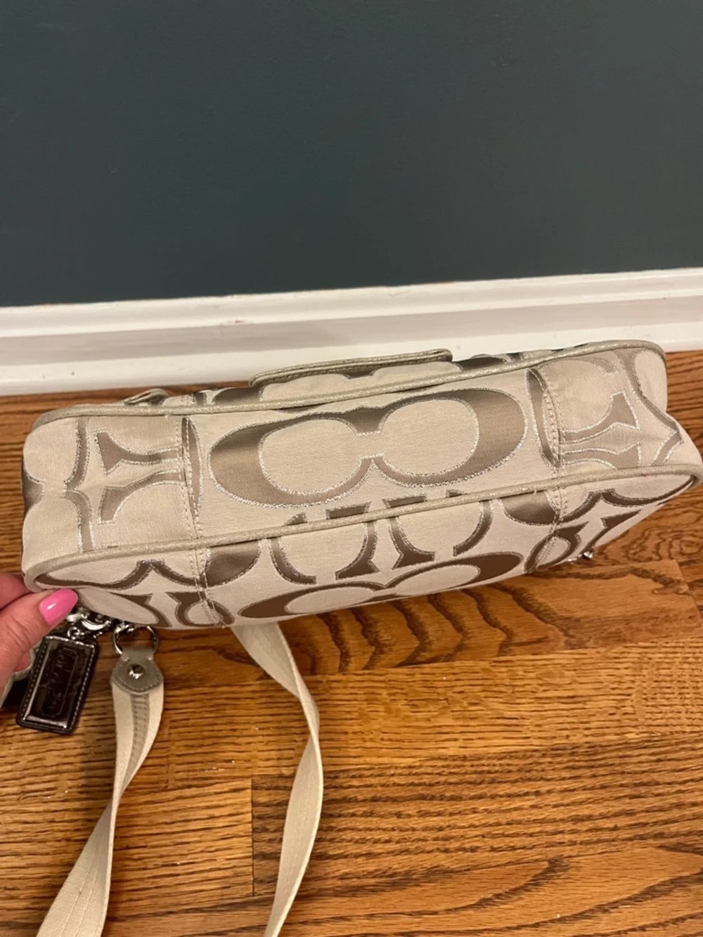 Coach Poppy Signature C Metallic Sateen & Leather Messenger Flap Satchel #18352